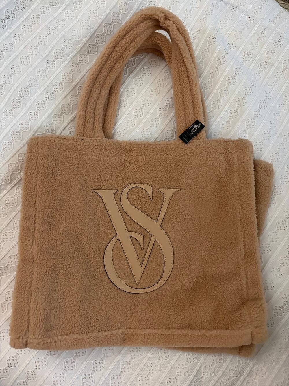 Victoria's Secret Sherpa Teddy Tote Bag Camel Tan Large Logo Plush Carryall